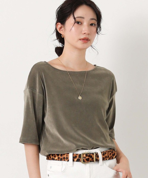Gready Brilliant(グレディブリリアン)の「ベロアボート5分袖(Tシャツ/カットソー・レディース・ボルドー/グレイッシュベージュ/チャコールグレー・FREE)」の2枚目の写真