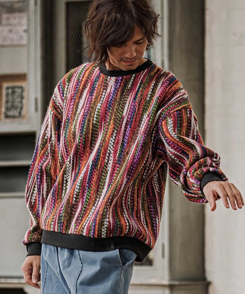 CAMBIO（カンビオ）の「mn3295-Boucle Multicolor Stripe Crewneck クルーネックプルオーバー(PF-262-016)（ニット/セーター・メンズ・パープル/レッド/ブルー・M/L）」の3枚目の写真