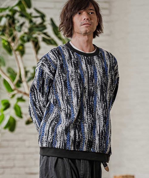 CAMBIO（カンビオ）の「mn3295-Boucle Multicolor Stripe Crewneck クルーネックプルオーバー(PF-262-016)（ニット/セーター・メンズ・パープル/レッド/ブルー・M/L）」の2枚目の写真
