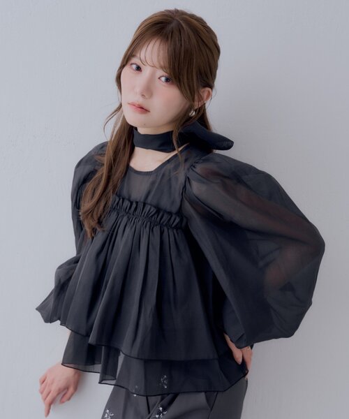 Chico（チコ）の「【SALON by Chico】バックリボンオーガンジーパフブラウス（シャツ/ブラウス・レディース・ピンク/アイボリー/ブラック・FREE）」の9枚目の写真