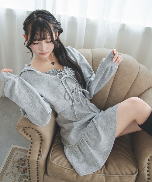 夢展望(ユメテンボウ)の「ショートパーカー×ミニキャミワンピスウェットセットアップ【大きいサイズあり】(セットアップ・レディース・グレー/アイボリー/ブラック・LL~3L/L~LL/M-L)」の6枚目の写真