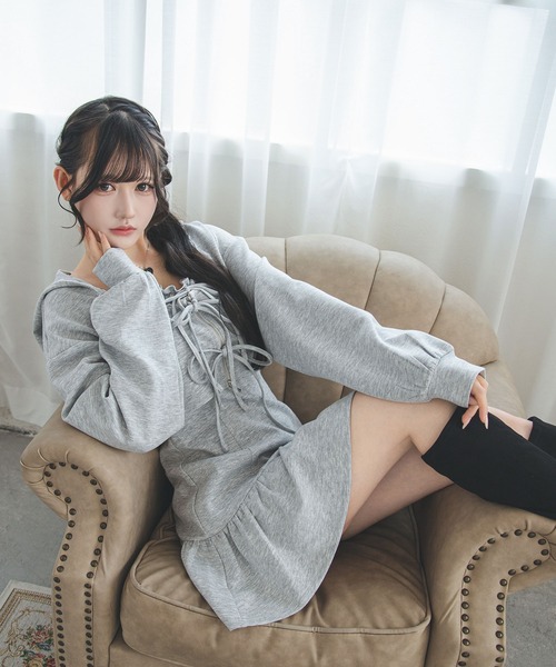 夢展望(ユメテンボウ)の「ショートパーカー×ミニキャミワンピスウェットセットアップ【大きいサイズあり】(セットアップ・レディース・グレー/アイボリー/ブラック・LL~3L/L~LL/M-L)」の7枚目の写真