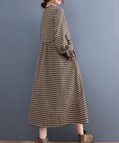 Doux Belle（ドゥーベル）の「チェック柄レース切り替えロングワンピース（ワンピース・レディース・ベージュ/ブラウン・X-LARGE/MEDIUM/LARGE）」の14枚目の写真