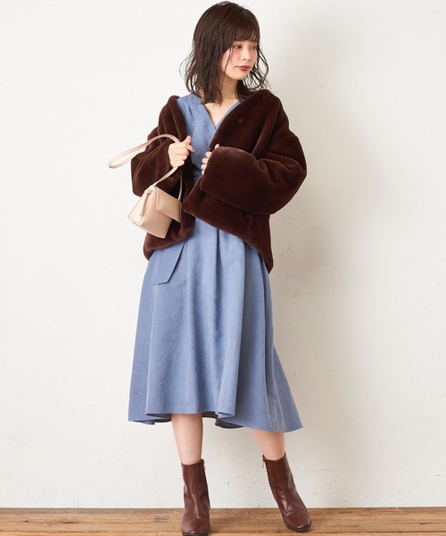 natural couture（ナチュラルクチュール）の「大人のキャンディースリーブカシュクールワンピース（ワンピース・レディース・モカ/ブルー/パープル/ピンク/チェック・FREE）」の3枚目の写真