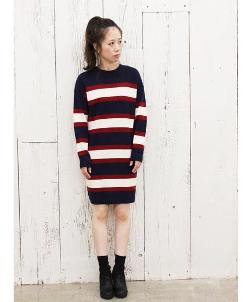 Chico(チコ)の「ボーダーニットOP(ワンピース・レディース・グレー/グリーン/ネイビー・FREE)」の3枚目の写真