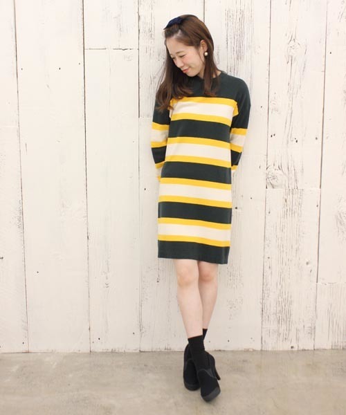 Chico(チコ)の「ボーダーニットOP(ワンピース・レディース・グレー/グリーン/ネイビー・FREE)」の2枚目の写真