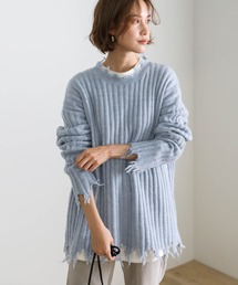 2020 A/W ダメージデザインリブニット/ラウンドネックダメージ加工切りっぱなしニット