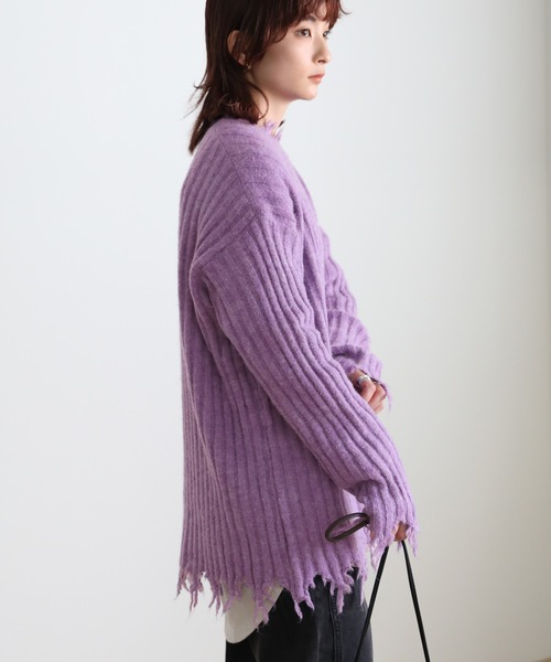 2020 A/W ダメージデザインリブニット/ラウンドネックダメージ加工切り