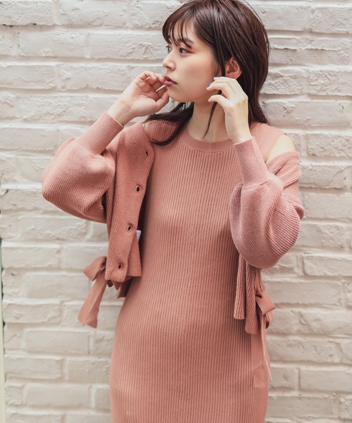 natural couture（ナチュラルクチュール）の「サイドリボンガーリーニットワンピースセット（ワンピース・レディース・ベージュ/ミント/ピンク/オレンジ・FREE）」の4枚目の写真