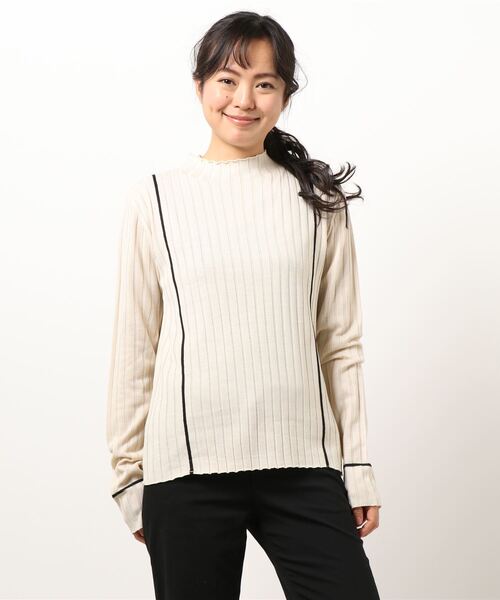 STYLEBLOCK(スタイルブロック)の「綿タッチリブ編み配色ラインプチハイネックプルオーバー(ニット/セーター・レディース・アイボリー/ラベンダー/ブラック/ベージュ・M)」の7枚目の写真