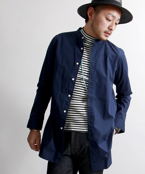 WEGO（ウィゴー）の「WEGO/バンドカラーロングシャツ（シャツ/ブラウス・メンズ・ホワイト/ネイビー・LARGE/MEDIUM）」の2枚目の写真