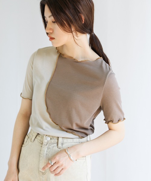 select MOCA（セレクトモカ）の「バイカラーメロートップス（Tシャツ/カットソー・レディース・ブラック/ベージュ/グレイッシュベージュ・FREE）」の3枚目の写真