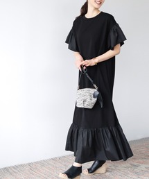ELFRANK | 【2022SS】異素材MIXフリルスリーブドッキングロングワンピース(ワンピース)