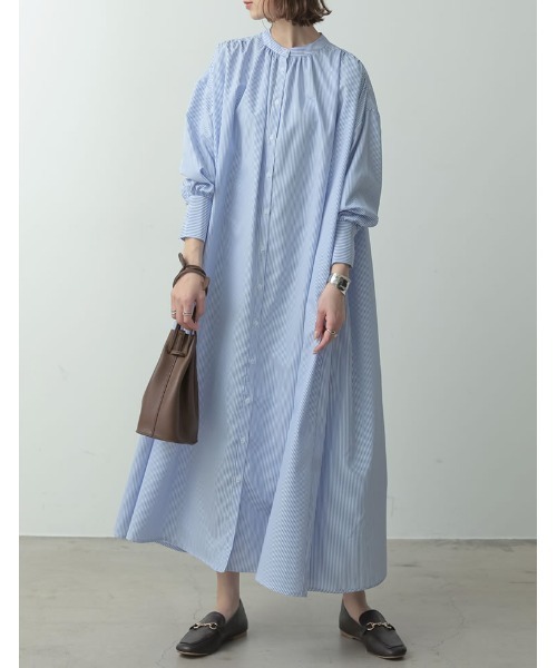 Re:EDIT(リエディ)の「先染めストライプギャザーワンピース(シャツワンピース・レディース・レッド/グリーン/ネイビー/ライトブルー・MEDIUM)」の3枚目の写真