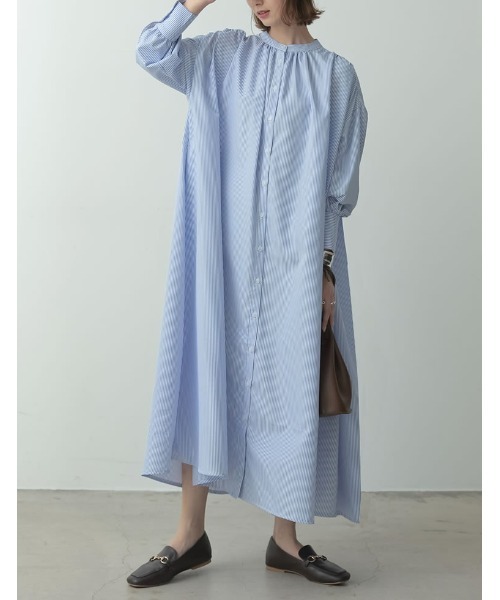 Re:EDIT(リエディ)の「先染めストライプギャザーワンピース(シャツワンピース・レディース・レッド/グリーン/ネイビー/ライトブルー・MEDIUM)」の10枚目の写真