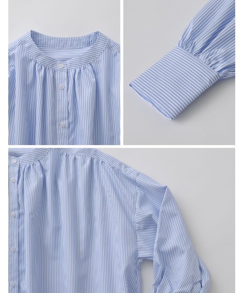 Re:EDIT(リエディ)の「先染めストライプギャザーワンピース(シャツワンピース・レディース・レッド/グリーン/ネイビー/ライトブルー・MEDIUM)」の6枚目の写真