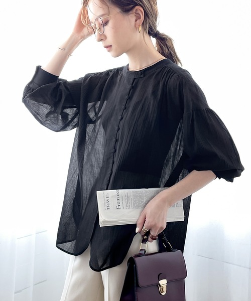 セール】一枚で主役な上級見え。綿100%、2way楊柳ブラウス（シャツ