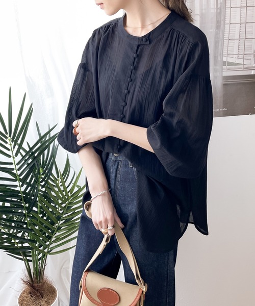 セール】一枚で主役な上級見え。綿100%、2way楊柳ブラウス（シャツ
