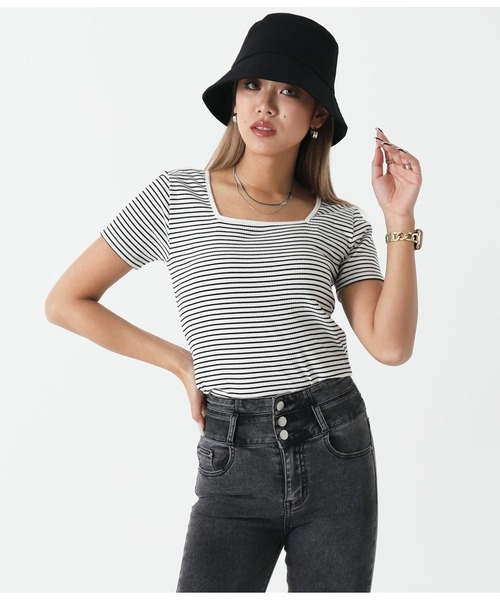 ANAP（アナップ）の「前後2WAYリブボーダーTシャツ（Tシャツ/カットソー・レディース・アイボリー/ブラック/グリーン・FREE）」の9枚目の写真