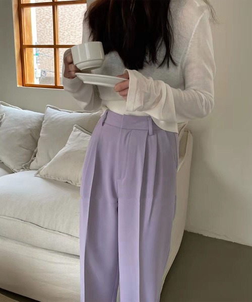 me+em select（ミームセレクト）の「【５色展開 ／４サイズ 】センタープレスハイウエストカラータックスラックス（スラックス・レディース・ブラック/パープル/ホワイト/ダークベージュ/グリーン・SMALL/LARGE/MEDIUM/X-LARGE）」の8枚目の写真