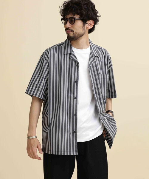 NANO universe（ナノユニバース）の「LB.04/ストライプコットンオープンカラーシャツ（シャツ/ブラウス・メンズ・チャコール/ネイビー/ホワイト・XL/S/M/L）」の2枚目の写真