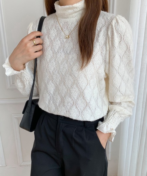 ABITOKYO（アビトーキョー）の「ハイネックロングスリーブカットレースブラウス（Tシャツ/カットソー・レディース・ブラック/アイボリー/ブルーグレー・M/L）」の6枚目の写真