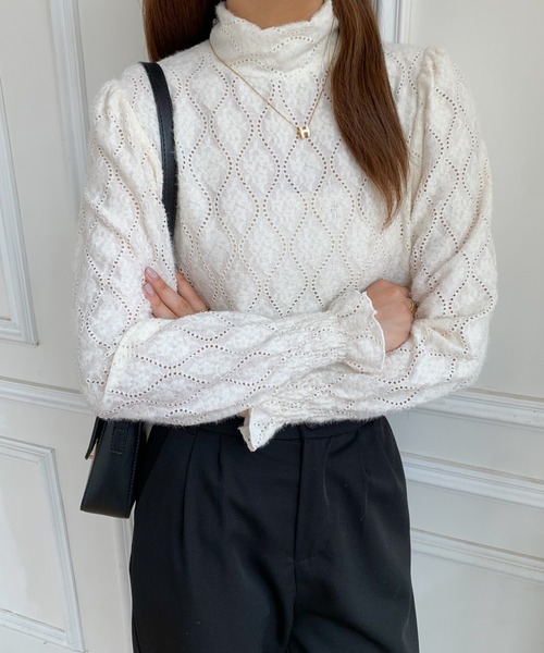 ABITOKYO（アビトーキョー）の「ハイネックロングスリーブカットレースブラウス（Tシャツ/カットソー・レディース・ブラック/アイボリー/ブルーグレー・M/L）」の18枚目の写真