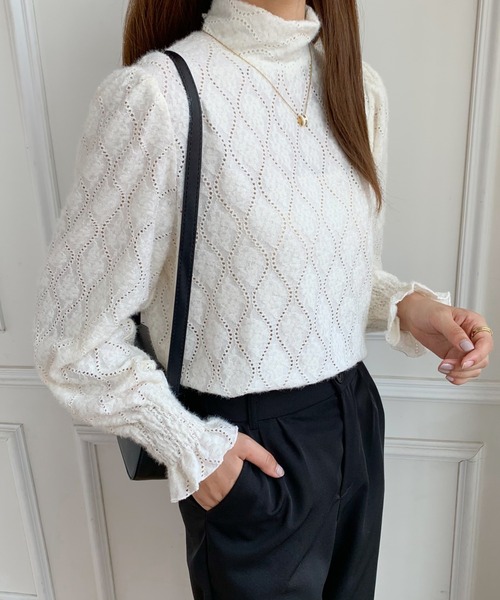 ABITOKYO（アビトーキョー）の「ハイネックロングスリーブカットレースブラウス（Tシャツ/カットソー・レディース・ブラック/アイボリー/ブルーグレー・M/L）」の9枚目の写真