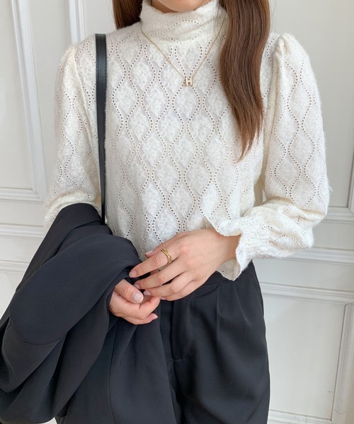 ABITOKYO（アビトーキョー）の「ハイネックロングスリーブカットレースブラウス（Tシャツ/カットソー・レディース・ブラック/アイボリー/ブルーグレー・M/L）」の7枚目の写真