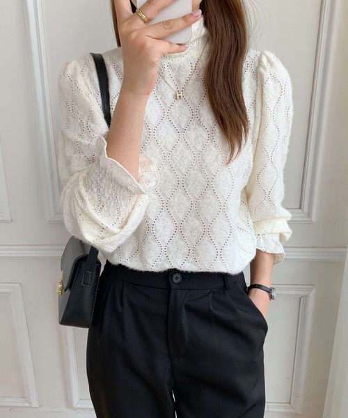 ABITOKYO（アビトーキョー）の「ハイネックロングスリーブカットレースブラウス（Tシャツ/カットソー・レディース・ブラック/アイボリー/ブルーグレー・M/L）」の19枚目の写真