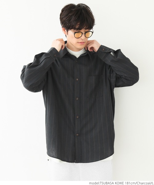 coca(coca)(コカ)の「メンズツイルストライプビッグシルエットシャツ(シャツ/ブラウス・メンズ・ベージュ/チャコールグレー・M/L/XL)」の6枚目の写真