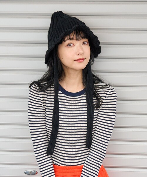 FREAK'S STORE(フリークスストア)の「リボン付きニットチューリップハット(ハット・レディース・ブラック/オフホワイト・ONE SIZE)」の6枚目の写真