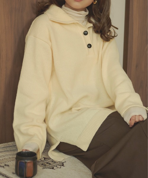 Ambre Neige(アンブルネージュ)の「ビッグポロニット/【WEB/EC限定商品】(ニット/セーター・レディース・アイボリー/ダークブラウン/ベージュ・FREE)」の1枚目の写真