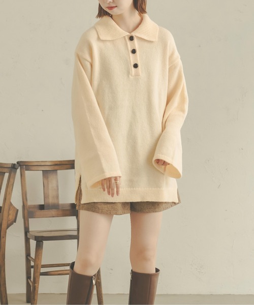 Ambre Neige(アンブルネージュ)の「ビッグポロニット/【WEB/EC限定商品】(ニット/セーター・レディース・アイボリー/ダークブラウン/ベージュ・FREE)」の6枚目の写真