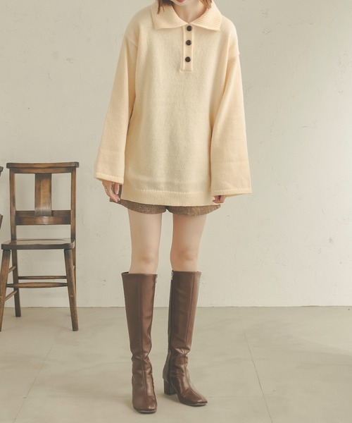 Ambre Neige(アンブルネージュ)の「ビッグポロニット/【WEB/EC限定商品】(ニット/セーター・レディース・アイボリー/ダークブラウン/ベージュ・FREE)」の9枚目の写真