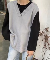 バックロング サイドスリットVネックニットベスト