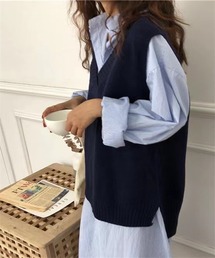 バックロング サイドスリットVネックニットベスト