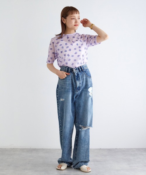 w closet(ダブルクローゼット)の「フラワー柄メッシュトップス(Tシャツ/カットソー・レディース・イエロー/ラベンダー/グレー・FREE)」の5枚目の写真