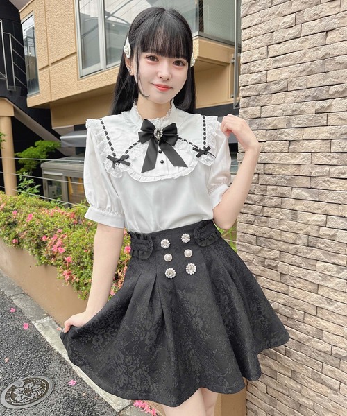 ロジータ ROJITA ラッフルフリル配色ブラウス （サックス） -靴