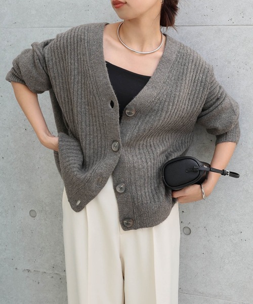 セール】リブ編みボックスシルエット長袖ニットカーディガン