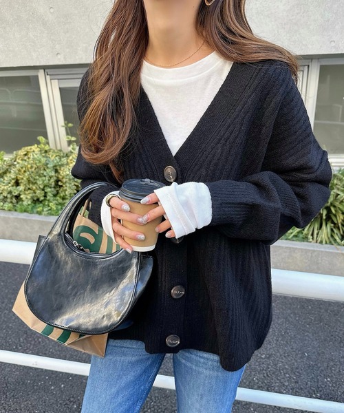 セール】リブ編みボックスシルエット長袖ニットカーディガン