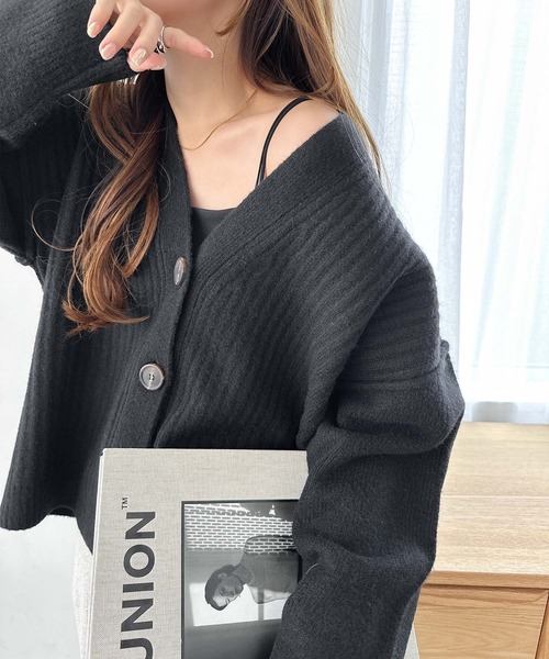セール】リブ編みボックスシルエット長袖ニットカーディガン