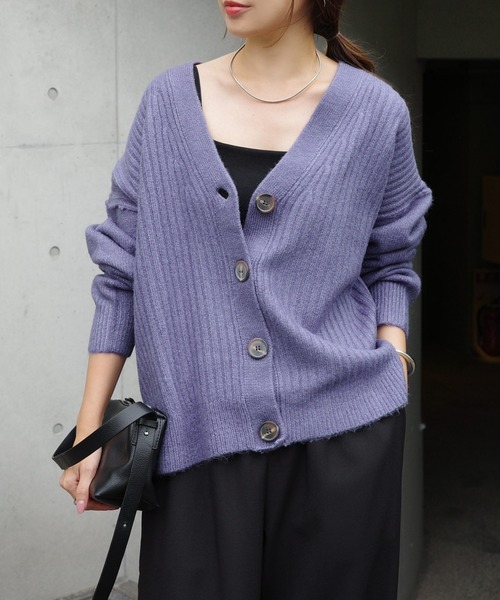 セール】リブ編みボックスシルエット長袖ニットカーディガン