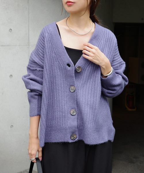セール】リブ編みボックスシルエット長袖ニットカーディガン
