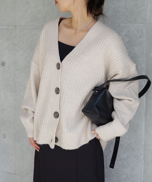 セール】リブ編みボックスシルエット長袖ニットカーディガン