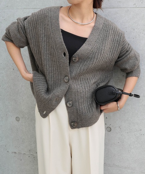 セール】リブ編みボックスシルエット長袖ニットカーディガン