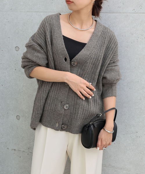 セール】リブ編みボックスシルエット長袖ニットカーディガン