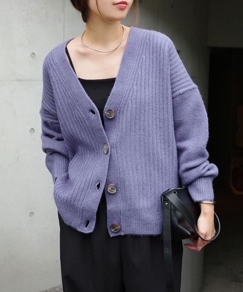 セール】リブ編みボックスシルエット長袖ニットカーディガン