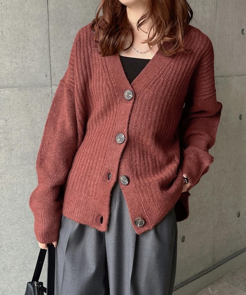 セール】リブ編みボックスシルエット長袖ニットカーディガン