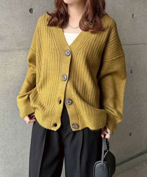 セール】リブ編みボックスシルエット長袖ニットカーディガン